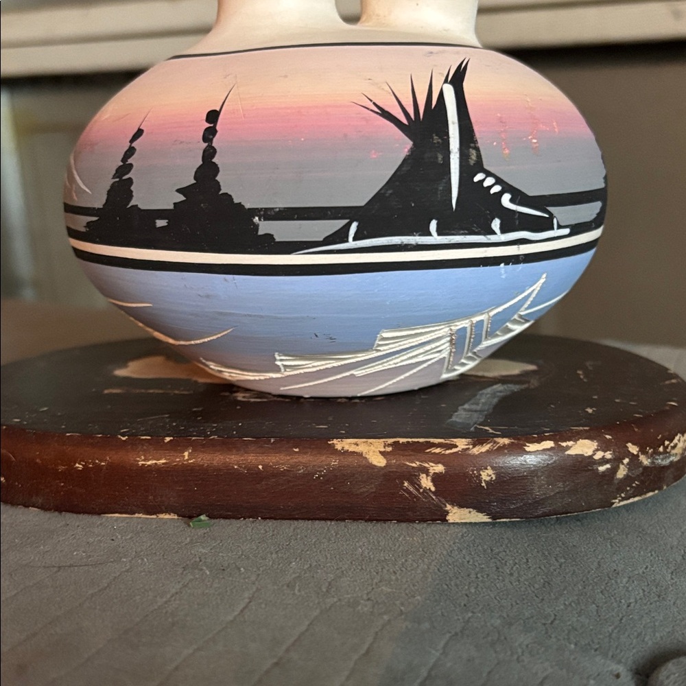 Handcrafted Sunset Vase with Black Silhouette